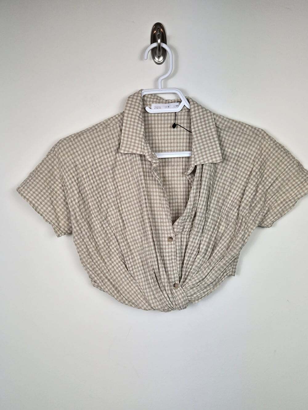 Zara Girls Gingham Twist Front Crop Top Beige Check Linen Blend Size 9 NWOT